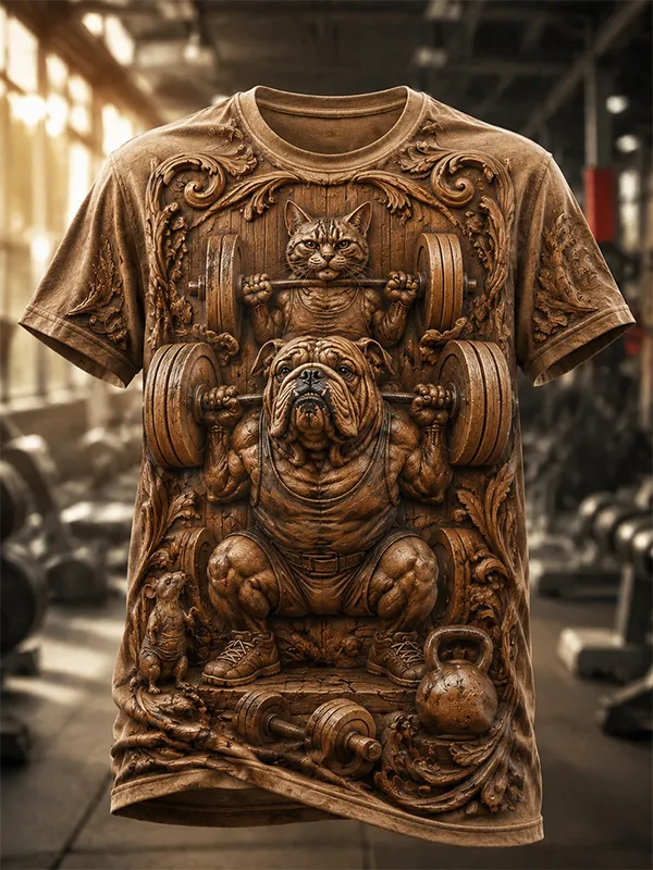 Men's Fun Wood Carvings of Cats And Dogs Exercising Print T-Shirt