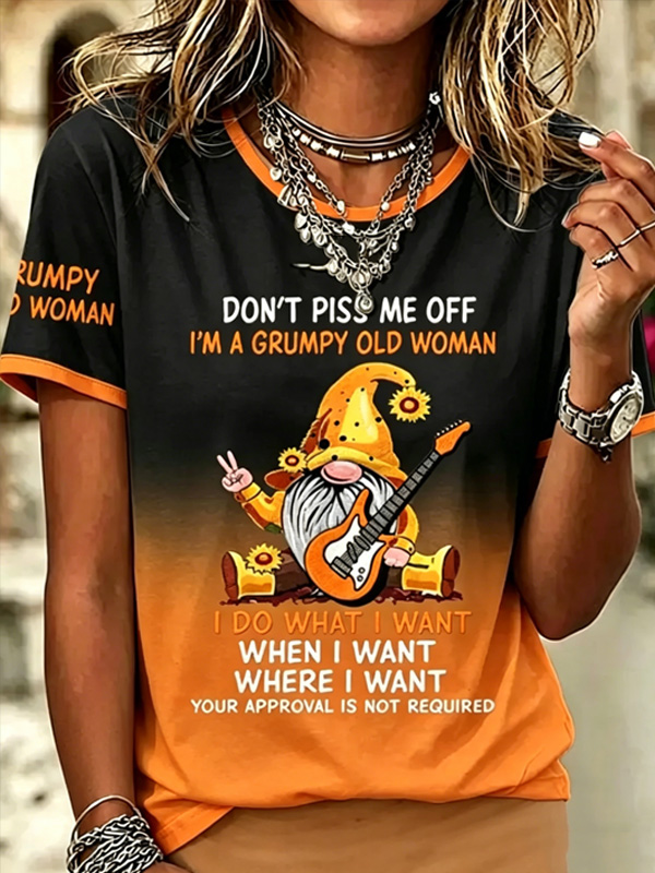 Women's Funny Grumpy Old Woman Gnome Gradient Art Print Casual T-Shirt
