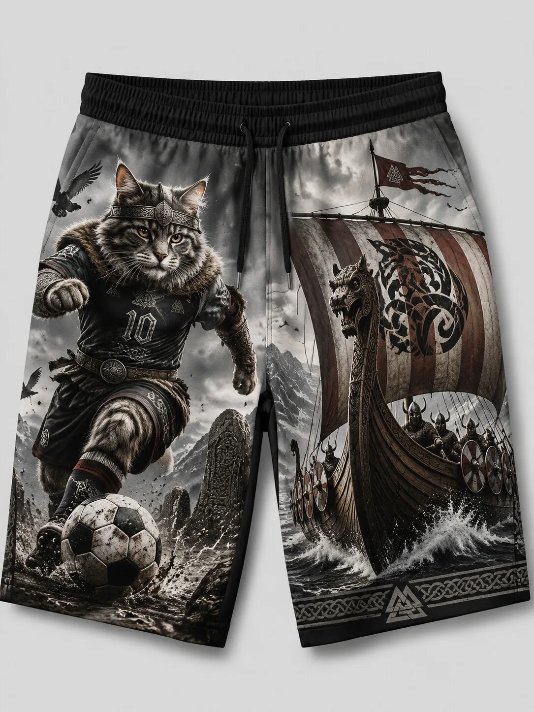 Men's Viking Warrior Cat Football Norwegian Longship All Over Print Casual Shorts