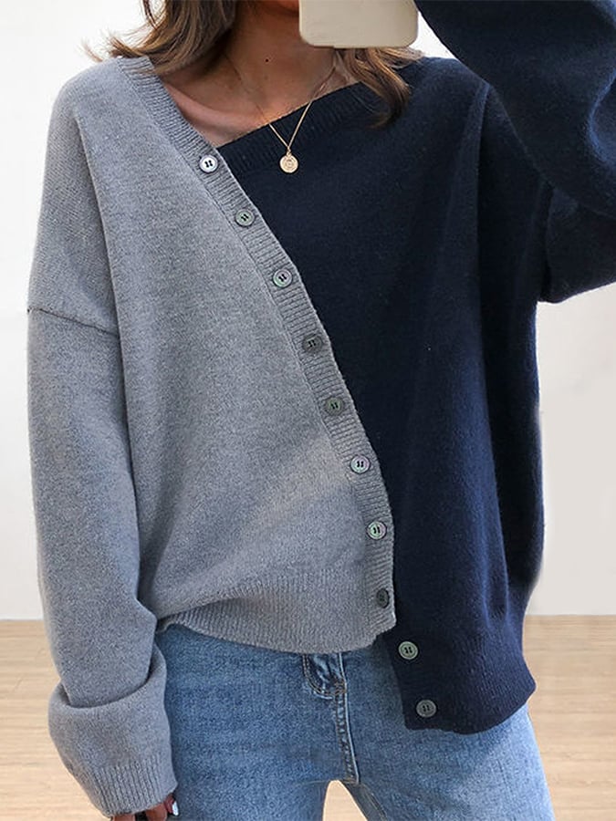Ladies Patchwork Color Button Pullover