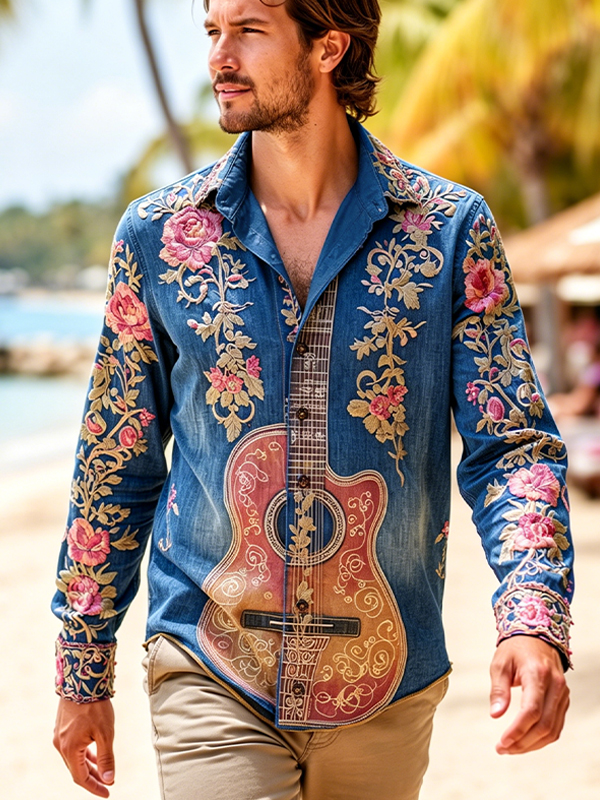 Men's Guitars And Flower Vines Art Print Long Sleeve Shirt