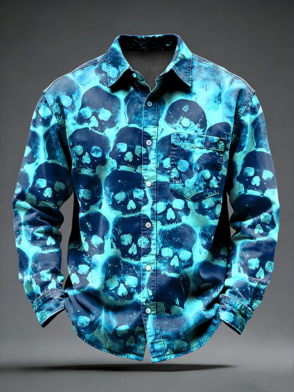 Men's Evil Skull Graphic Print Pocket Long Sleeve Shirt