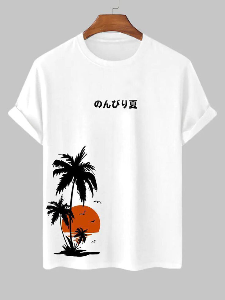 Men's Japanese Summer Palm Tree Sunset Print Cotton Casual T-Shirt