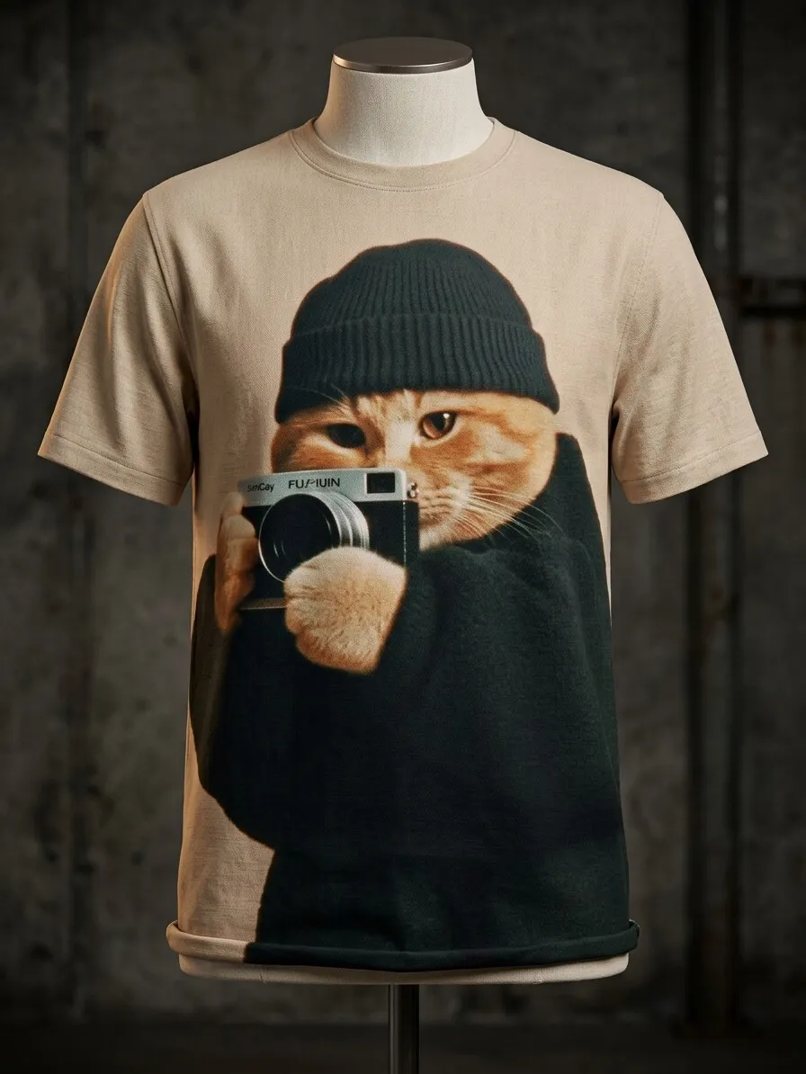 Men's Hipster Cat Photographer With Camera 3D Art Print T-Shirt