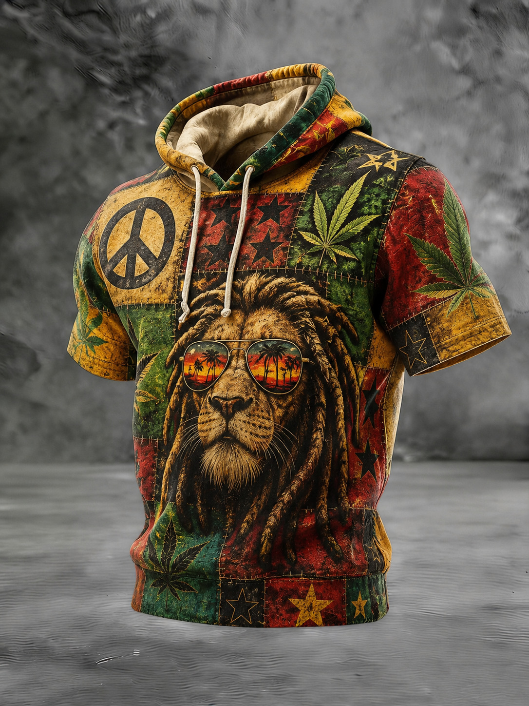 Men's Lion Plants Geometric Patchwork Reggae Hippie Art Print Casual Hooded T-Shirt