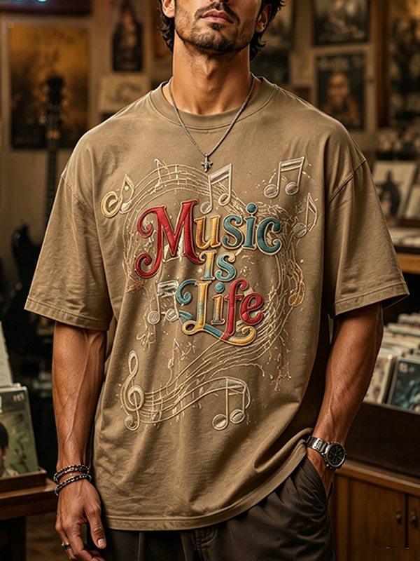 Men's Note Music Is Life Print Cotton Casual T-Shirt