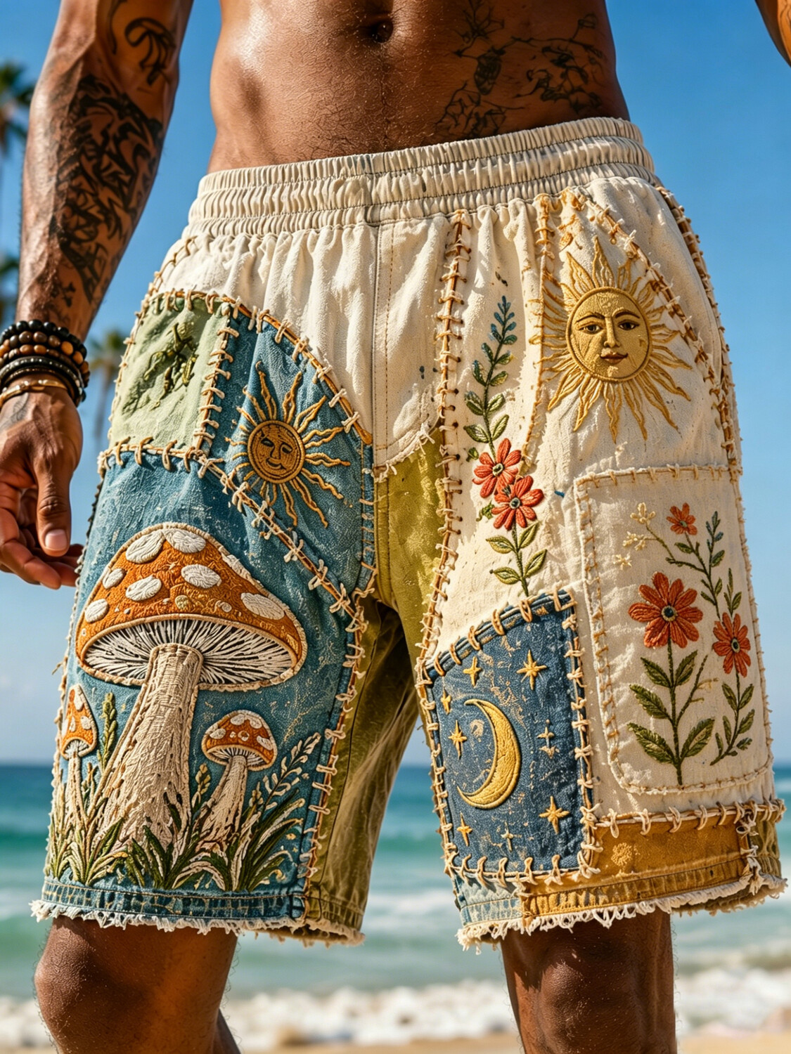 Men's Mushrooms Sun And Moon Geometric Patchwork Mystical Hippie Art Print Vacation Style Casual Shorts