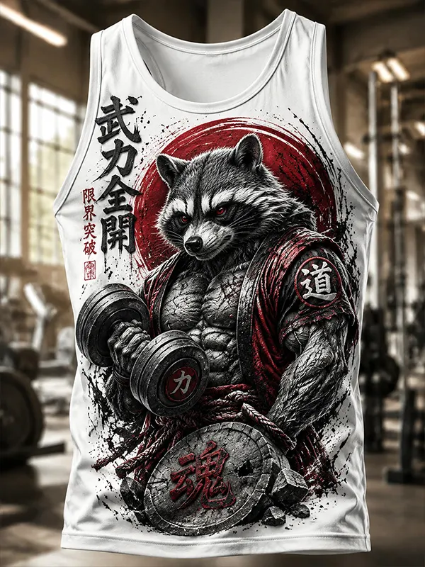 Men's Strong Raccoon Fitness Japanese Art Print Tank Top