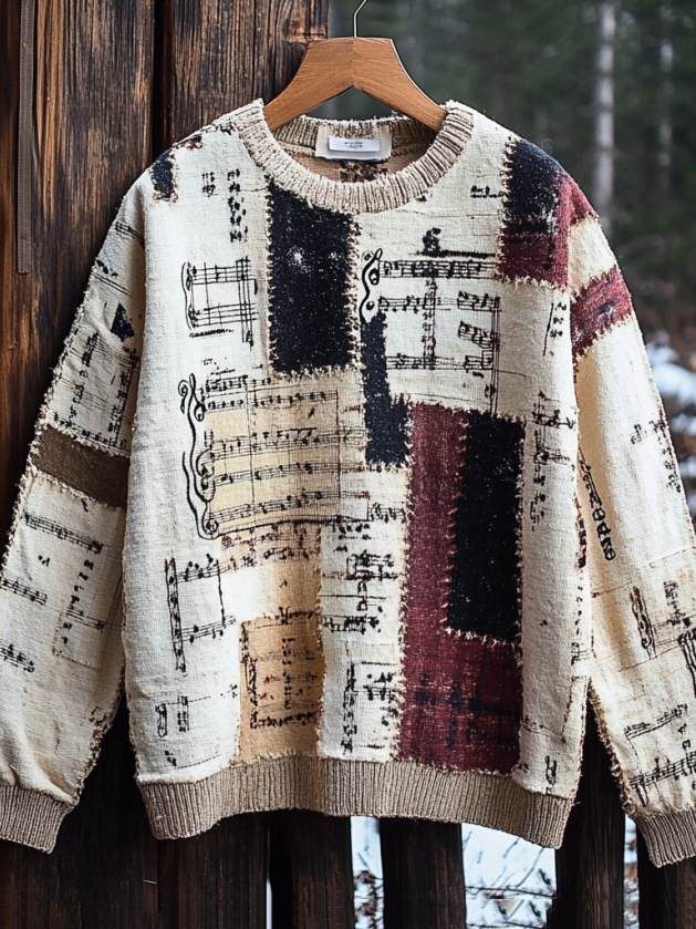 Men's Sheet Music Contrast Color Washed Patchwork Art Print Casual Sweatshirt