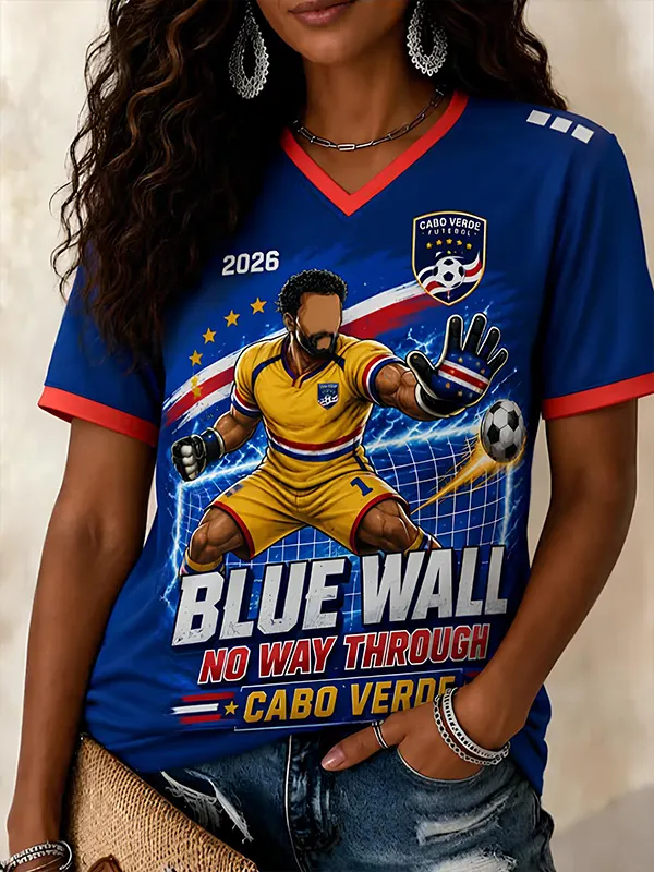 Women's Cabo Verde Goalkeeper Football Print Casual V Neck T-Shirt