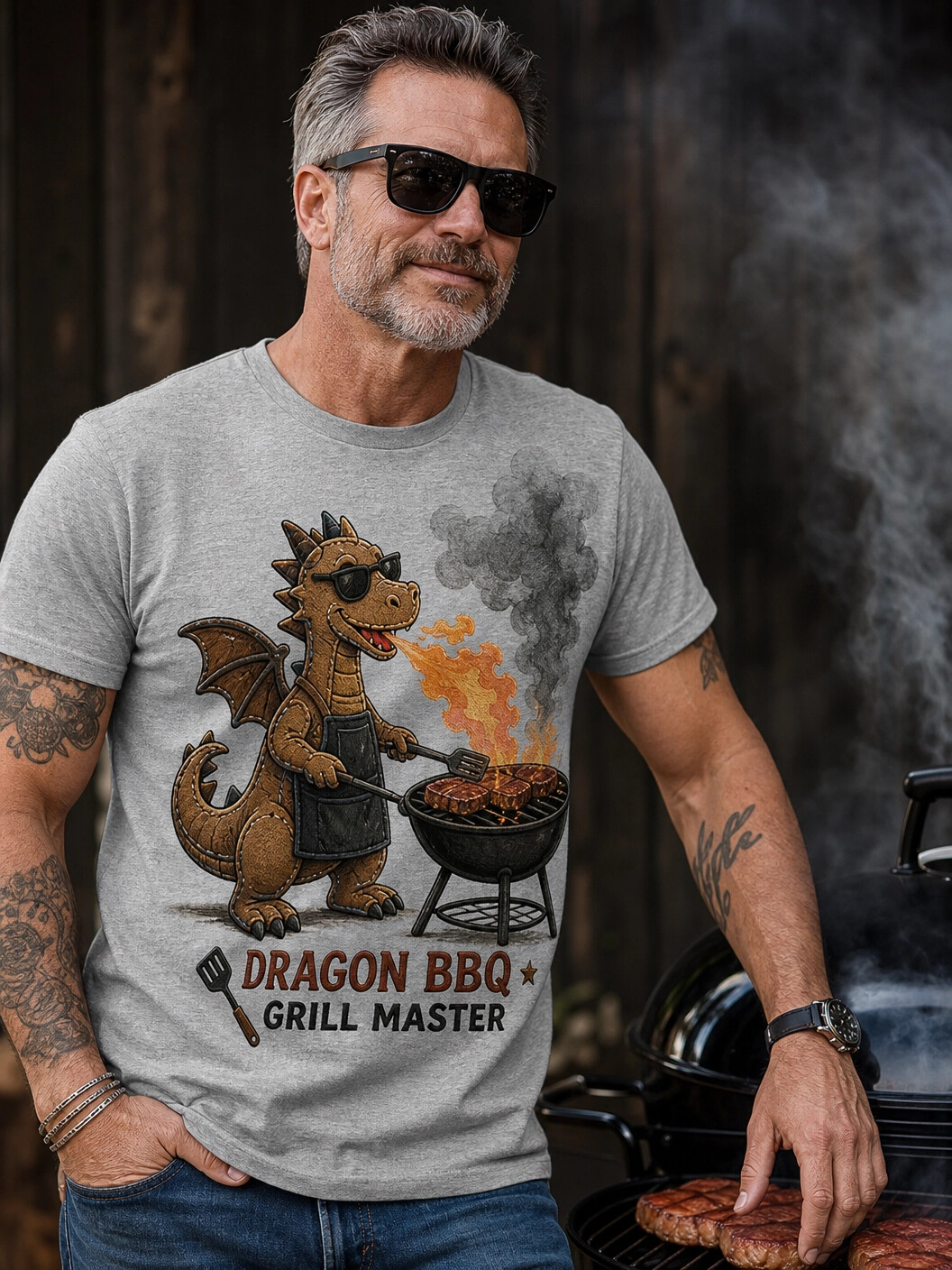 Men's Fun Abstract Dragon BBQ Print T-Shirt