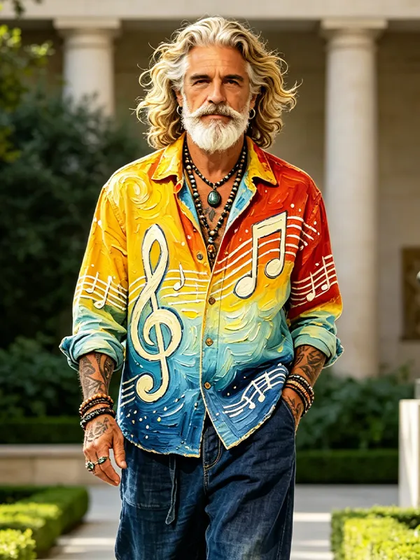 Men's Retro Musical Note Gradient Art Print Long Sleeve Shirt