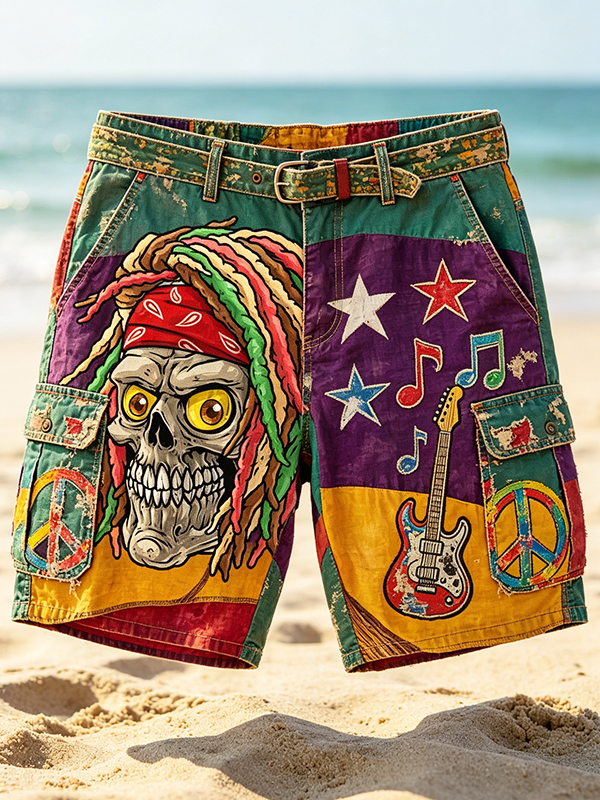 Men's Rasta Skull Guitar Peace Sign Art Print Casual Shorts