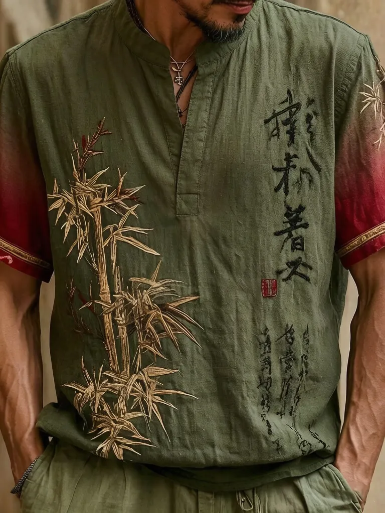 Men's Bamboo and Calligraphy Oriental Zen Style Print Casual V Neck T-Shirt