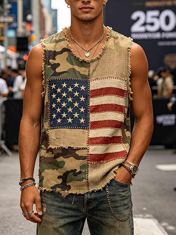 Men's Camouflage American Flag Patchwork Art Print Tank Top