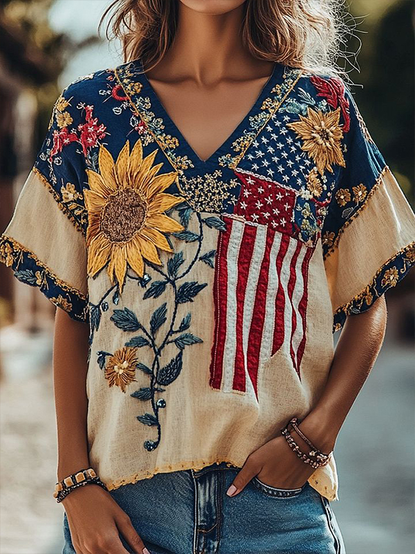Women's American Flag Sunflower Print V Neck T-Shirt