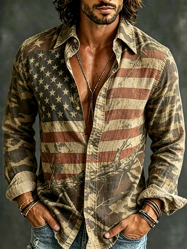 Men's Vintage American Flag And Camo Art Print Long Sleeve Shirt