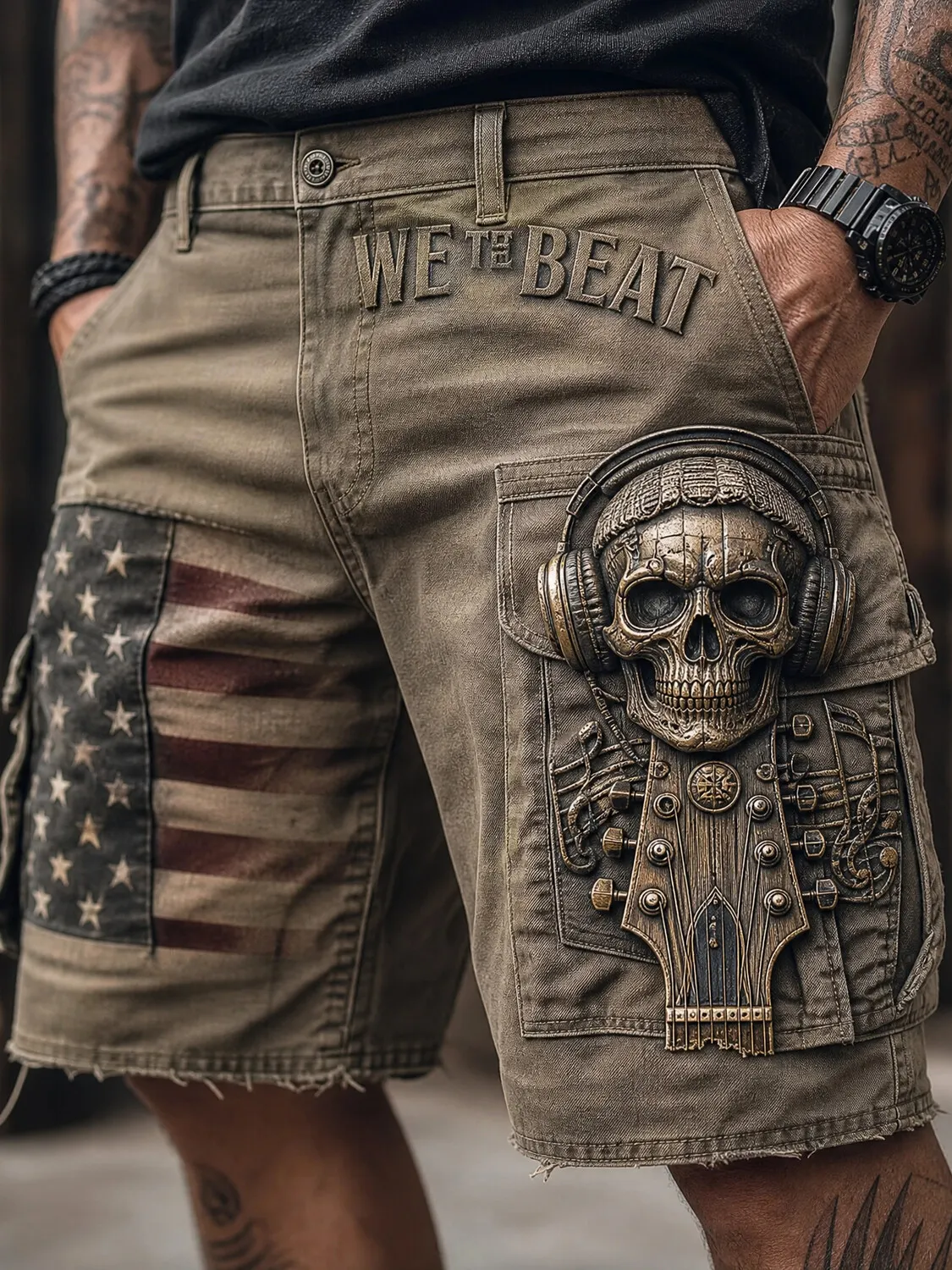 Men's Embossed Skull Headphone Guitar American Flag Music Art Print Casual Shorts