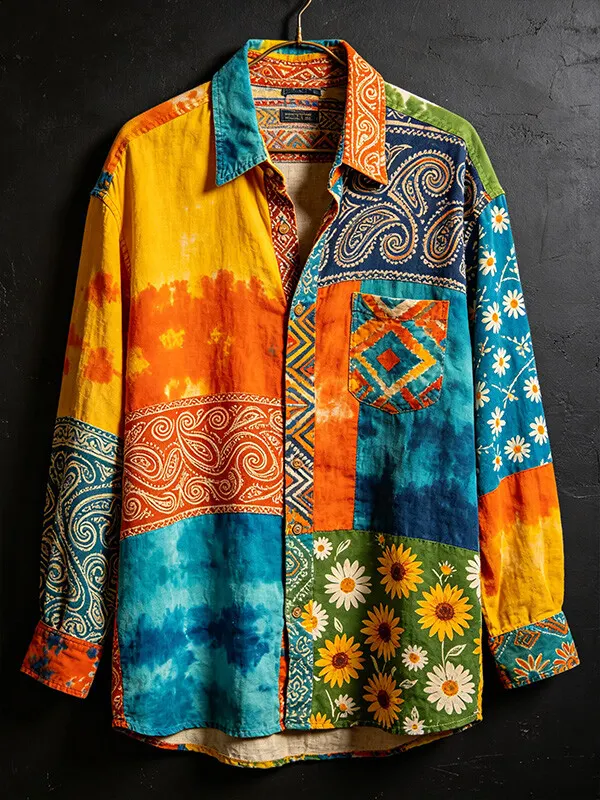 Men's Floral Paisley Colorblock Patchwork Pattern Long Sleeve Shirt