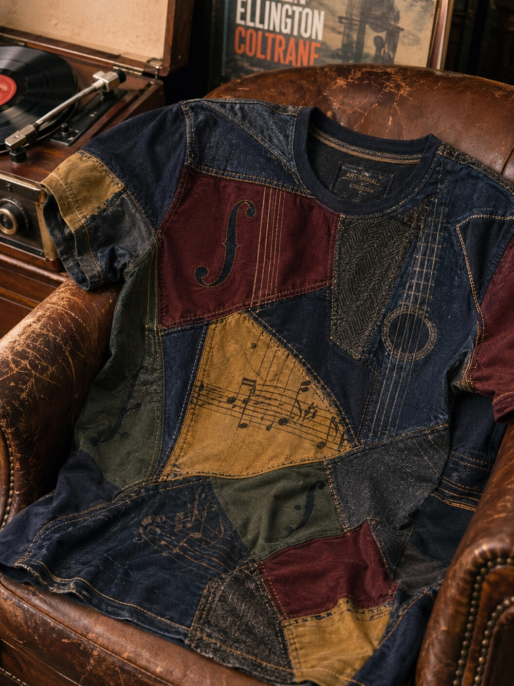 Men's Vintage Patchwork Music Note And Instrument Print T-Shirt