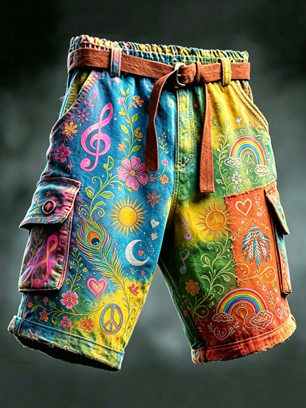 Men's Rainbow Notes Flowers Hippie Art Print Cargo Shorts