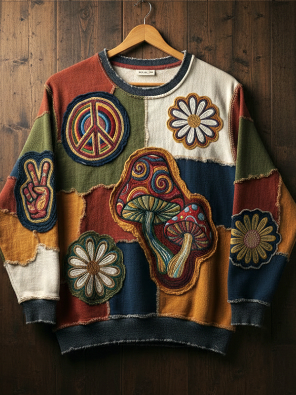 Men's Hippie Mushroom And Peace Symbol Patchwork Pattern Art Print Casual Sweatshirt