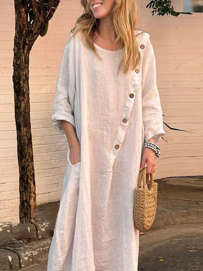 Women's Casual Solid Color Round Neck Long Sleeve Button Dress