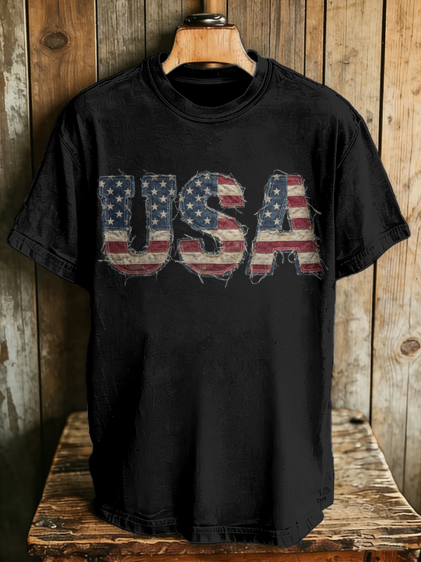 Men's USA Flag Vintage Frayed Letter Print Cotton Casual T-Shirt