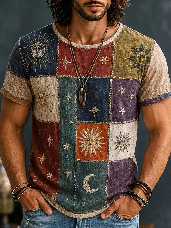Men's Boho Sun Moon Graphic Color Block Print Casual T-Shirt