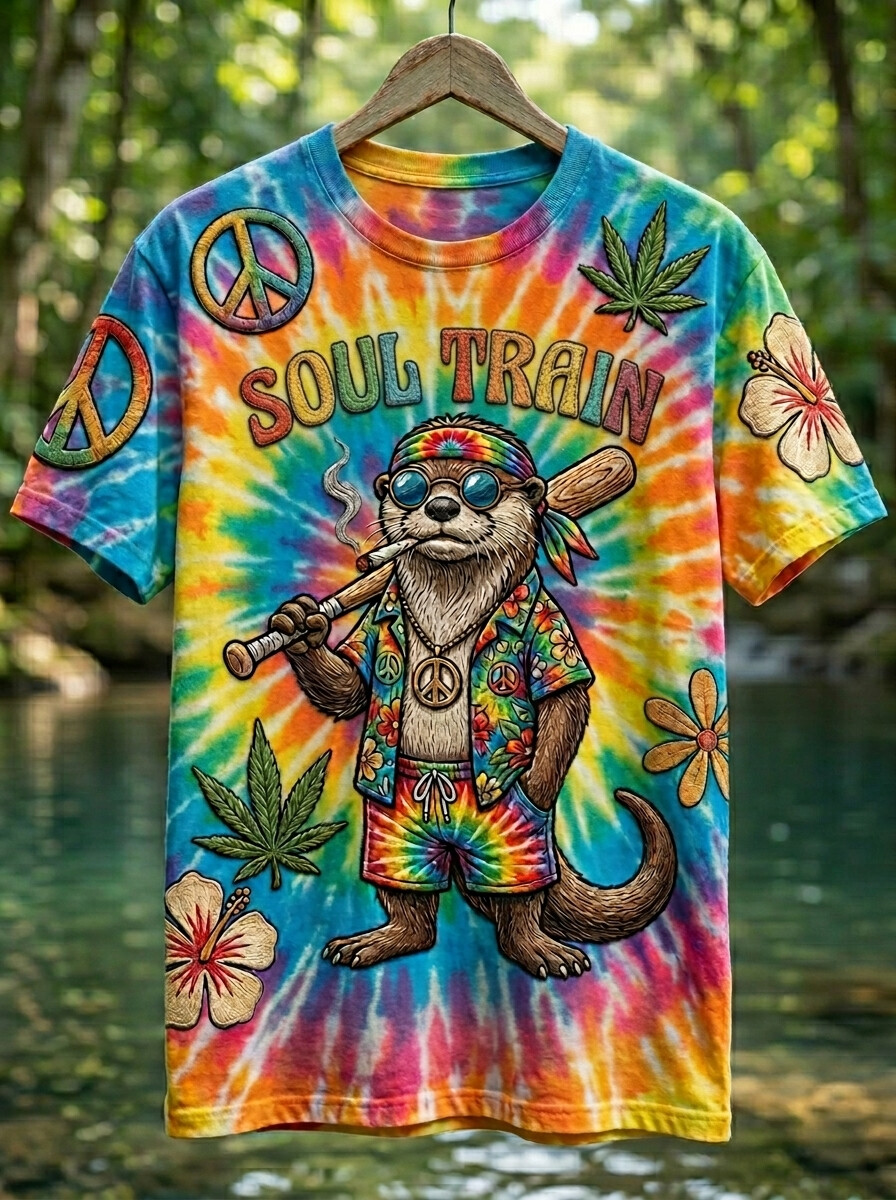 Men's Rainbow Tie-Dye Soul Train Otter Art Print T-Shirt