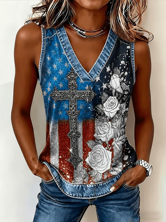 Women's American Flag Cross And Rose Print Casual V Neck Tank Top