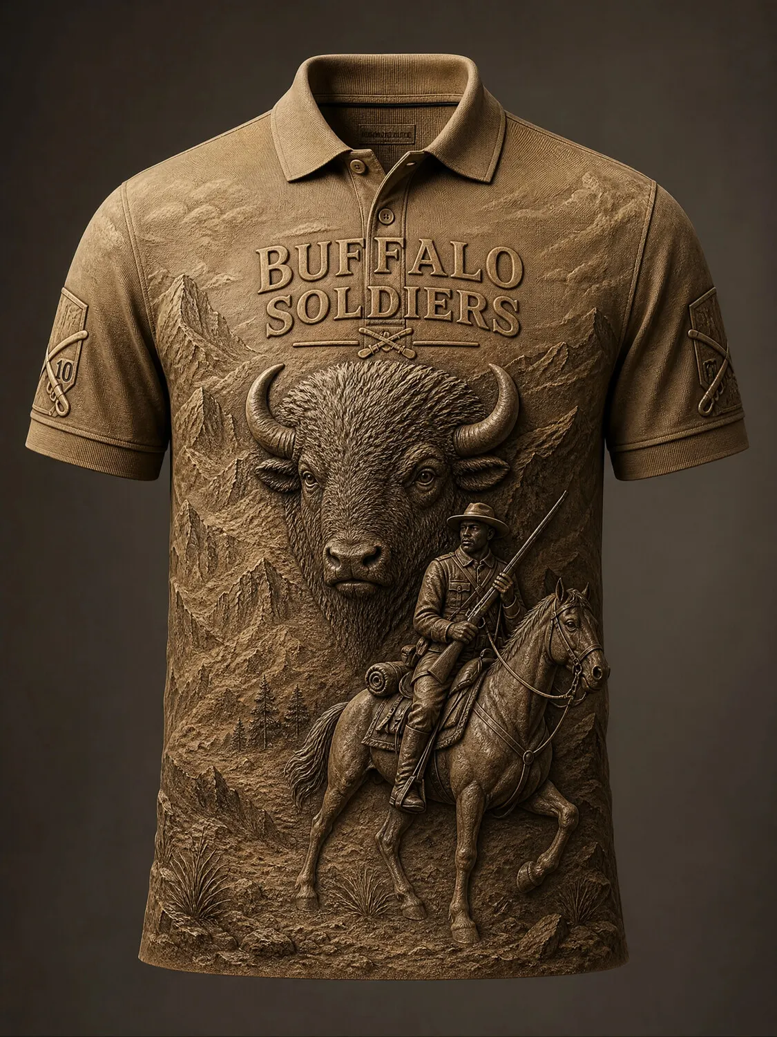 Men's Vintage Embossed Buffalo Soldiers Bison Cavalry Western Print Casual Polo Shirt