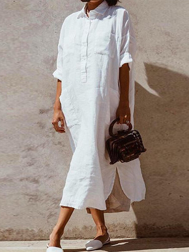 Mono Color Button Lapel Irregular Hem Shirt Women Maxi Dress