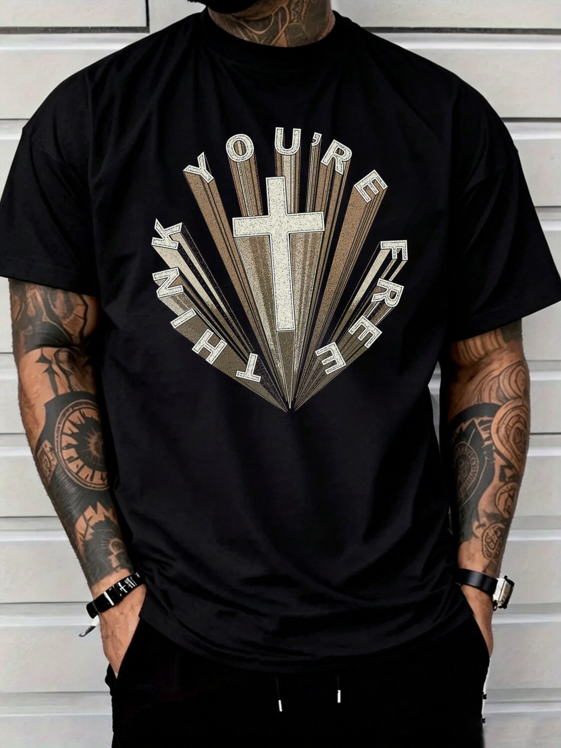 Men's You're Free Think Cross Christian Print Cotton Casual T-Shirt