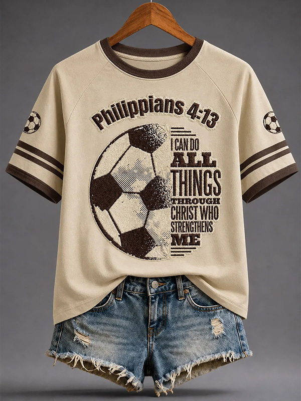 Women's Philippians 4:13 Flocked Football Letter Art Print Casual T-Shirt