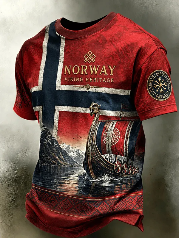 Men's Viking Dragon Boat Norway Viking Heritage Art Print T-Shirt