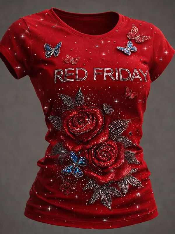 Women's Red Friday Rose And Butterfly Rhinestone Art Print Casual T-Shirt