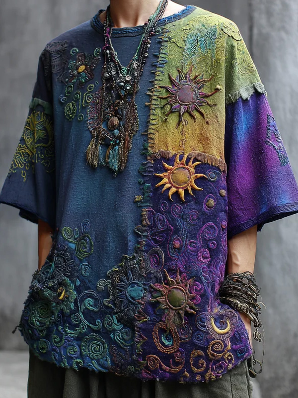 Men's Bohemian Tie Dye Sun Hippie Art Print Drop Shoulder Casual T-Shirt