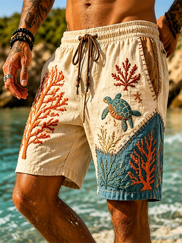 Men's Coral Turtle Vacation Art Print Casual Shorts