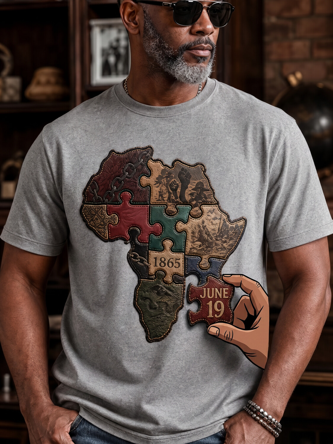 Men's Juneteeth Aftica Puzzle And Hand Detail Print Casual T-Shirt