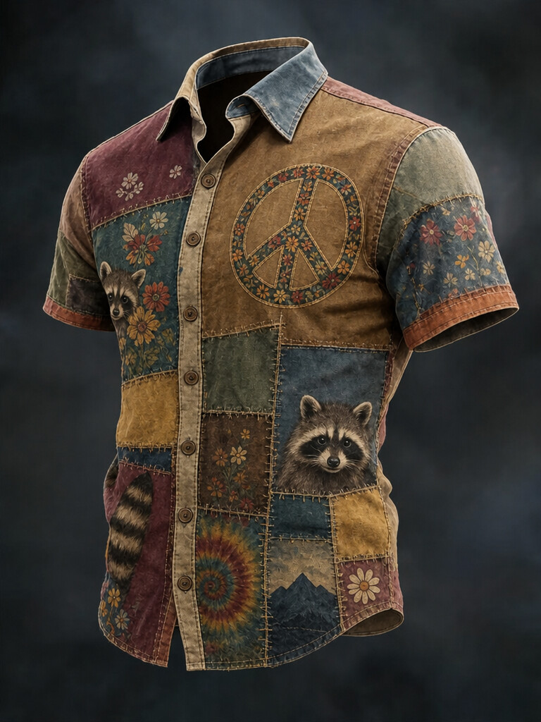 **American Flag Tee for All Stars: Men's Patchwork Peace Sign And Raccoon Art Print Shirt**