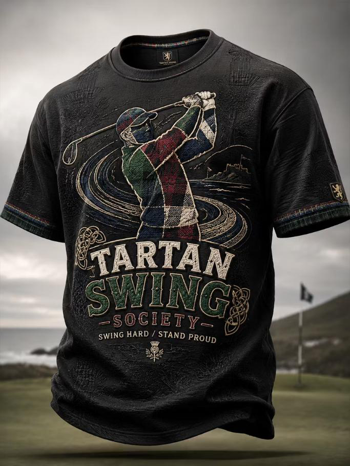 Men's Black Tartan Golf Tartan Swing Society Print T-Shirt