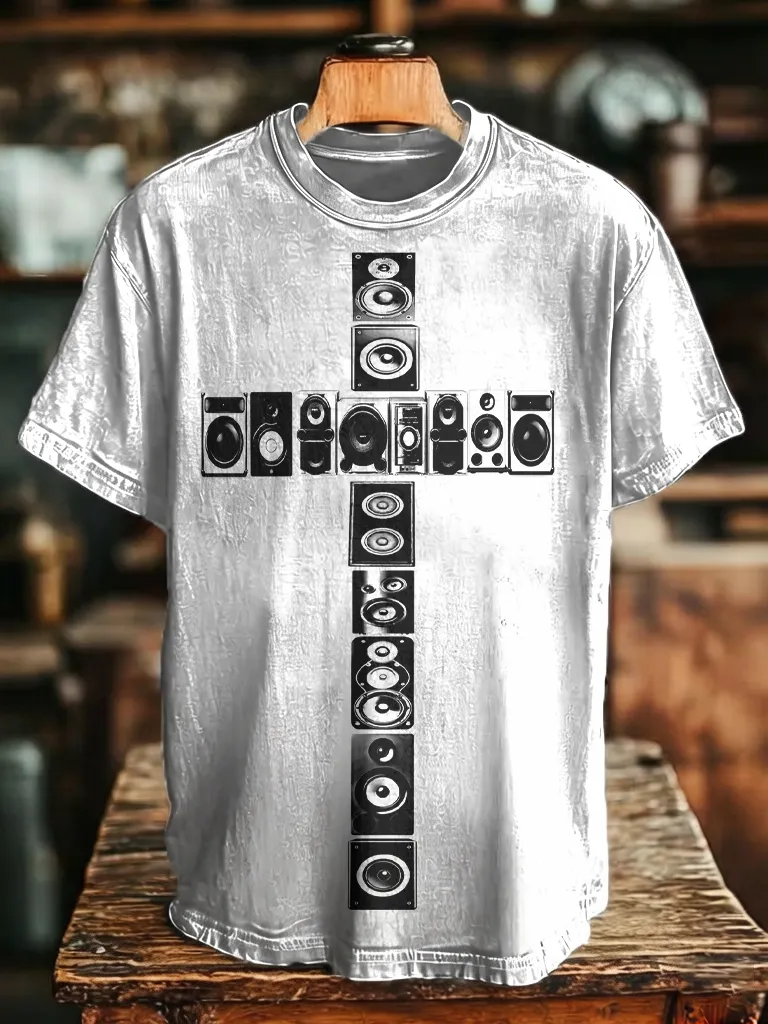 Men's Cross Made Of Stereo Speakers Rock Music Print Cotton Casual T-Shirt