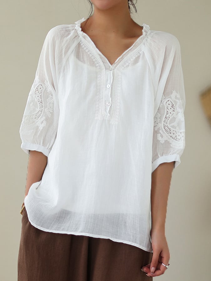 Women'S V-Neck Literary Retro Loose Embroidered Lace Hollow Shirt