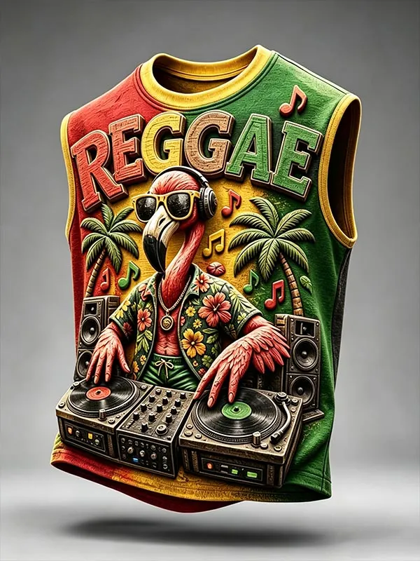 Men's Reggae Color DJ Flamingo Graphic Print Vacation Tank Top