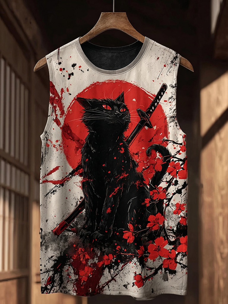 Men's Floral Samurai Black Cat Japanese Art Print Tank Top