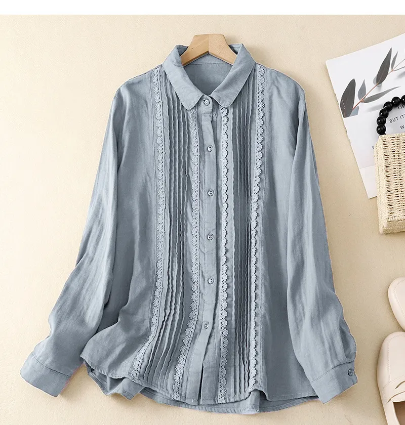 Women's Patchwork Lace Trim Linen And Cotton Pleated Shirt