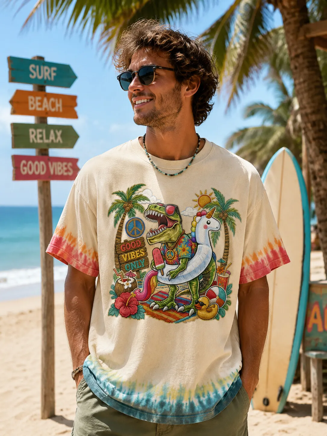 Men's Fun Dinosaur Vacation Hippie Art Print T-Shirt