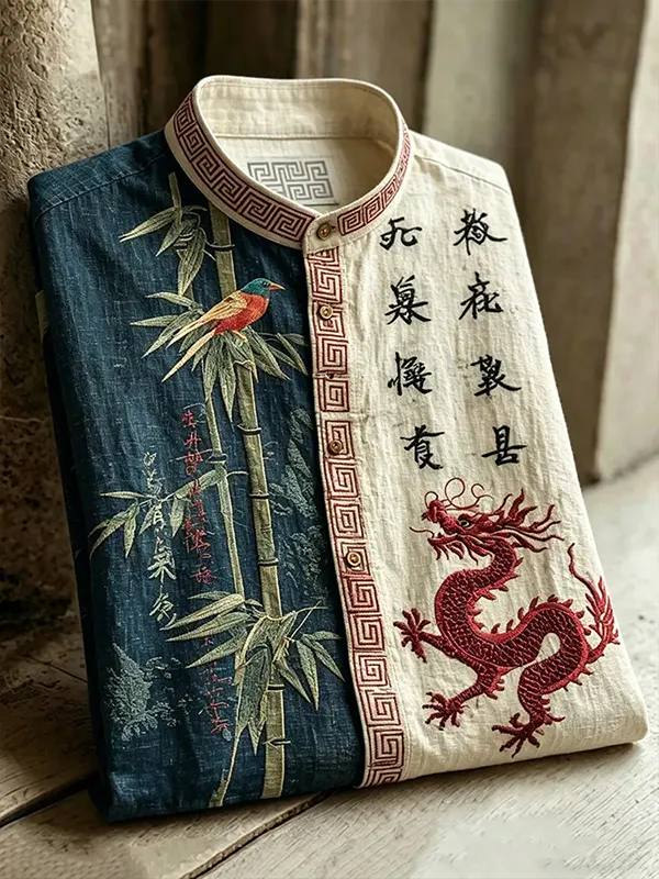 Men's Japanese Art Dragon Bird Bamboo Calligraphy Art Print Long Sleeve Shirt