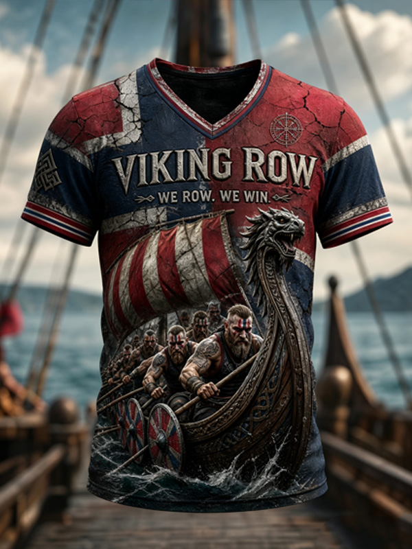 Men's Norse Mythology Viking Warship Print Casual V Neck T-Shirt